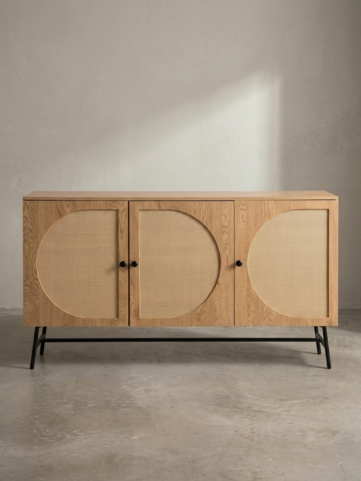 SIDEBOARD – Eiche-Dekor/Rattan, 140x80x39 cm, 3 Türen, hoch - Schwarz/Braun, Holzwerkstoff/Metall (140/80/39cm) - KADIMA DESIGN