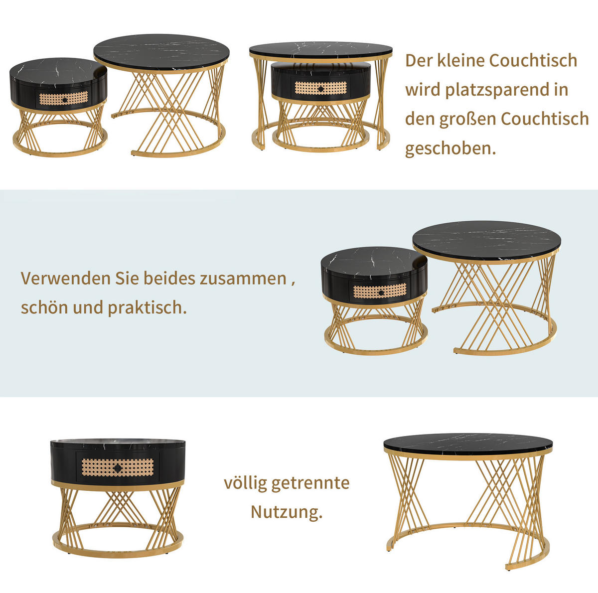 COUCHTISCH aus MDF 70x70x45,5 & 50x50x38,5 cm in Schwarz mit Schublade - Schwarz, Holzwerkstoff (70/70/45.5cm) - Modfu
