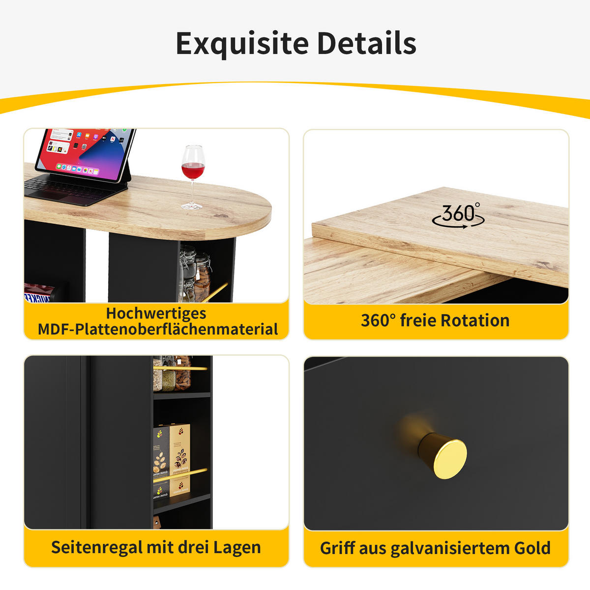 DREHBARER Bartisch/Schrank aus MDF, 105/39/102 cm + drehbares Regal, Schwarz, mit 4 Schubladen - Schwarz, Holzwerkstoff (39/102/105cm) - Redom