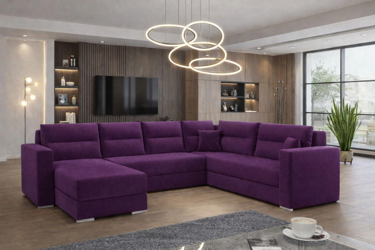 WOHNLANDSCHAFT CAPTAIN U-Form 314 cm mit hochwertigem Federkern, Schlaffunktion, Bettkasten und Ottomane links/rechts - Violett/Schwarz, Kunststoff (314/90/217cm) - Wohnideebilder