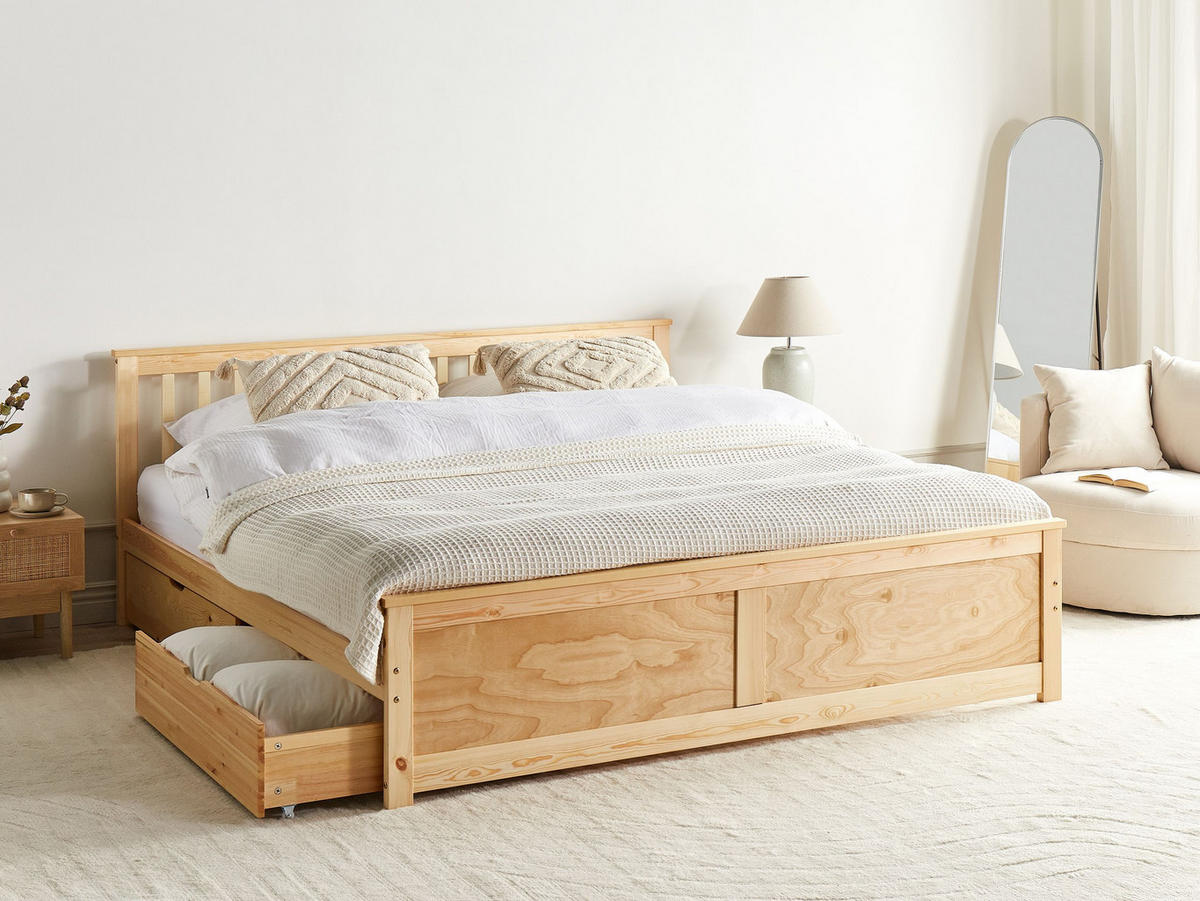 BETT mit Schubladen 160x200 cm Heller Holzfarbton Olendon - Hellbraun, Holz (160/200cm) - Beliani