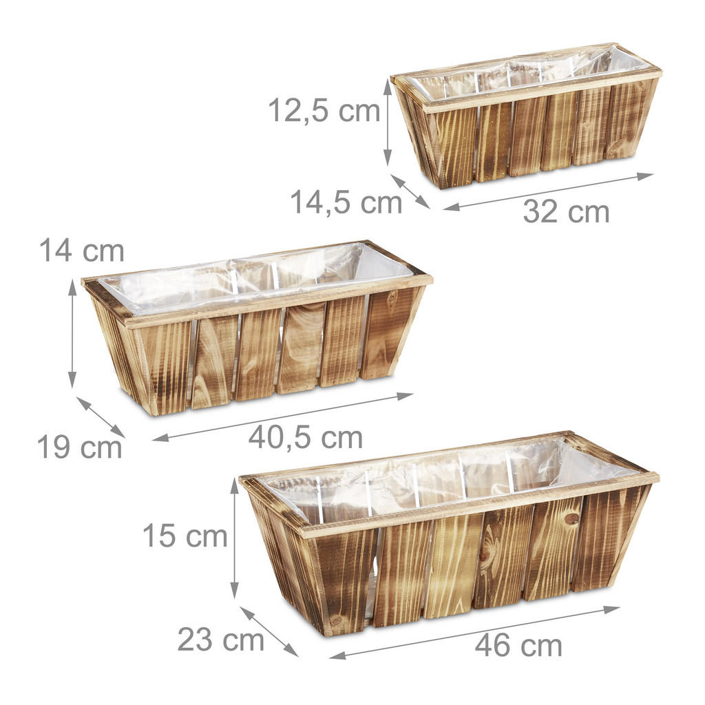 Thumbnail - Relaxdays 3Xblumenkasten, Braun, Holz, Kunststoff, 46x15x23 cm, Gartenzubehör, Blumentöpfe