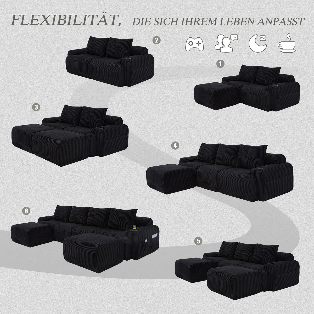 WOHNLANDSCHAFT 4-Sitzer mit 2 Hockern Getränkehalter und Seitentasche 333/174/80 cm Schwarz - Schwarz, Textil (174/80/333cm) - Redom