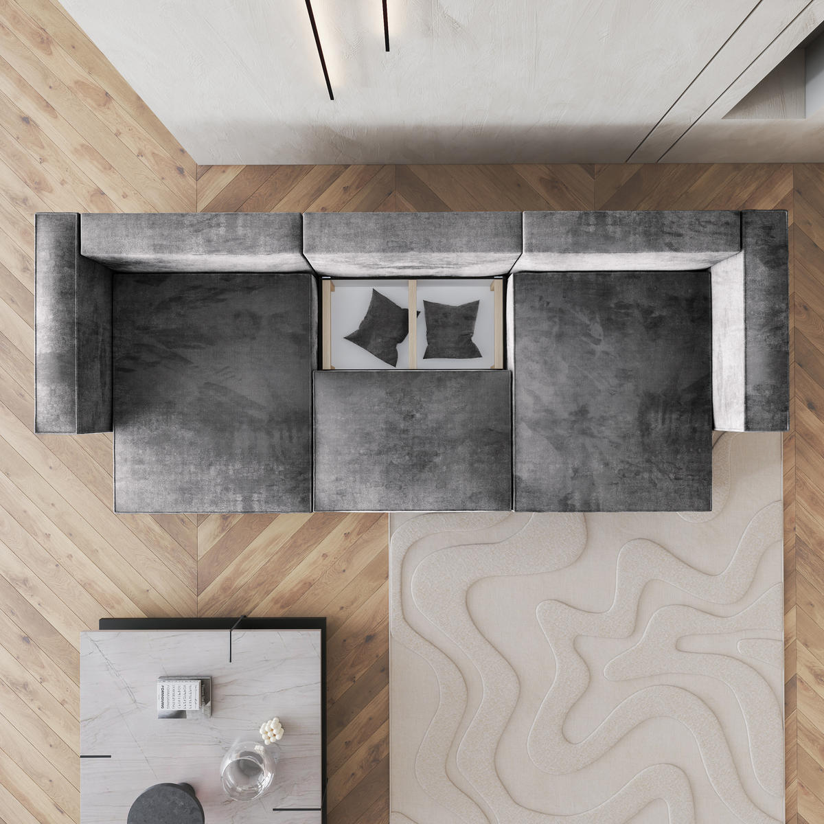 WOHNLANDSCHAFT SARMO M Grau Velours-Stoff mit Schlaffunktion - Grau, Holz (347/70/148cm) - MASSENO