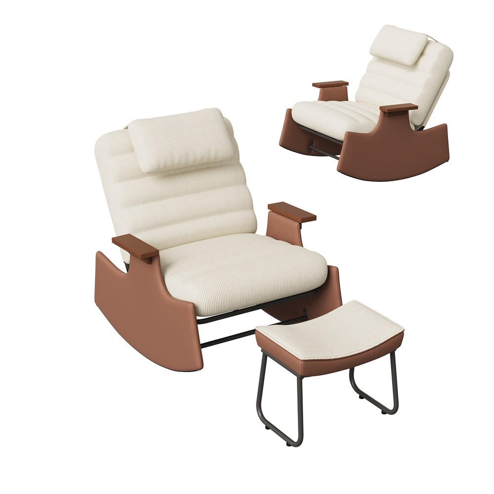 SCHAUKELSTUHL mit Hocker und Kopfkissen - mit 3-stufig verstellbare Rückenlehne und Cord-Bezug - Beige-Braun - Beige, Textil (61.5/81/51.5cm) - DELFA