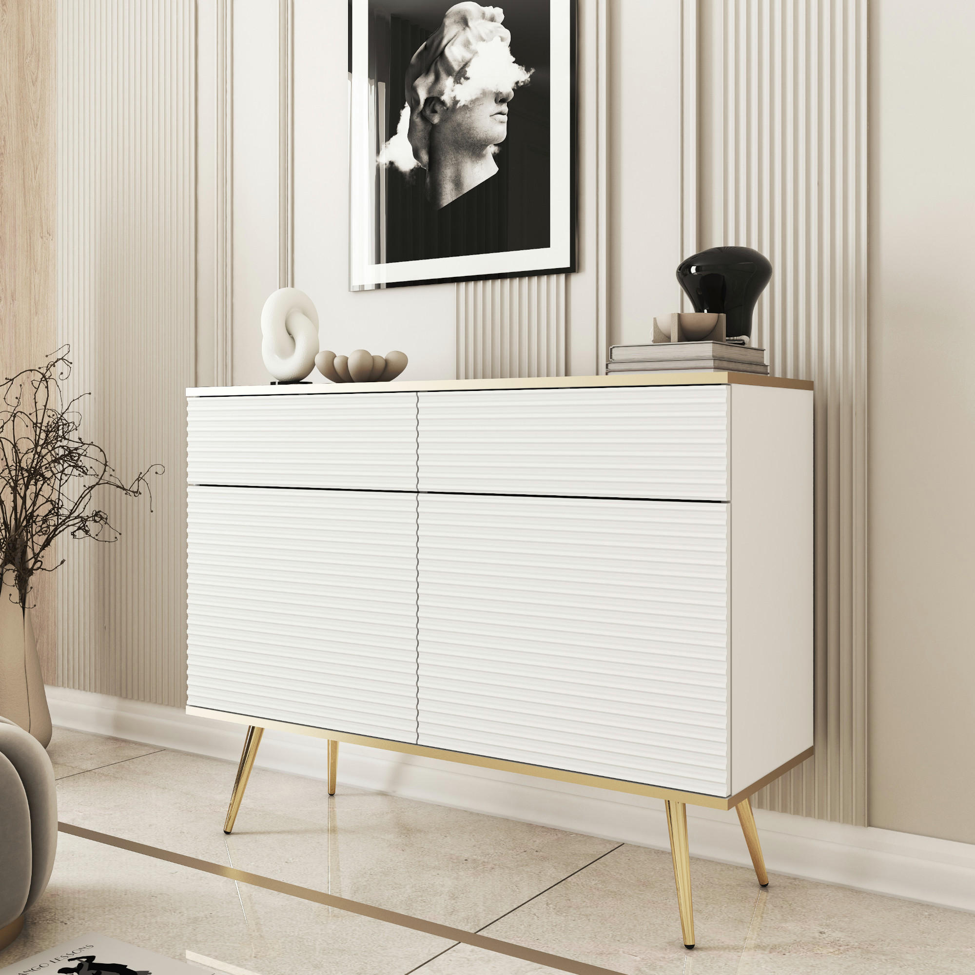 SIDEBOARD BANFF KOM3-2D2S Goldene Metallbeine, geriffelte Fronten, Weiß - Weiß, Holzwerkstoff/Kunststoff (107/85/39cm) - Komodee