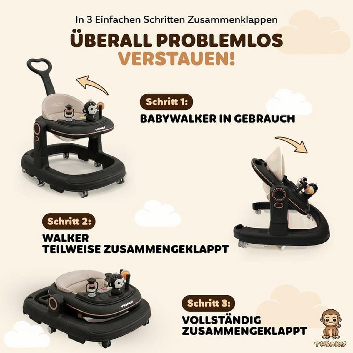 LAUFLERNHILFE GO 3 in 1 Schwarz - Lauflernwagen mit Spielset und Zubehör - Schwarz, Kunststoff (70/70cm) - Twinky