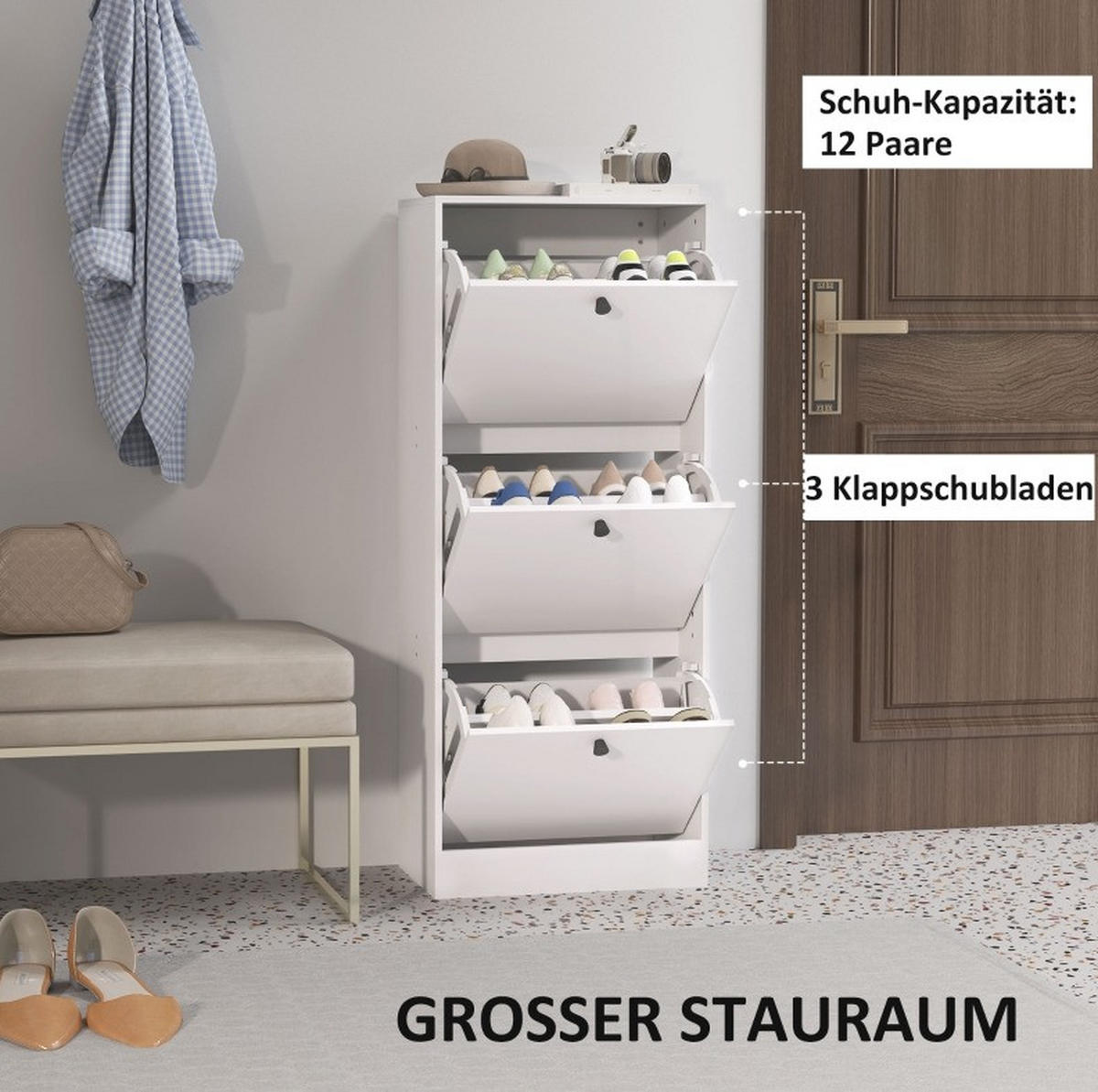 SCHUHSCHRANK 47/28/115 cm in Weiß mit 3 Klappen - Weiß, Holzwerkstoff (47/115/28cm) - Flora Grace