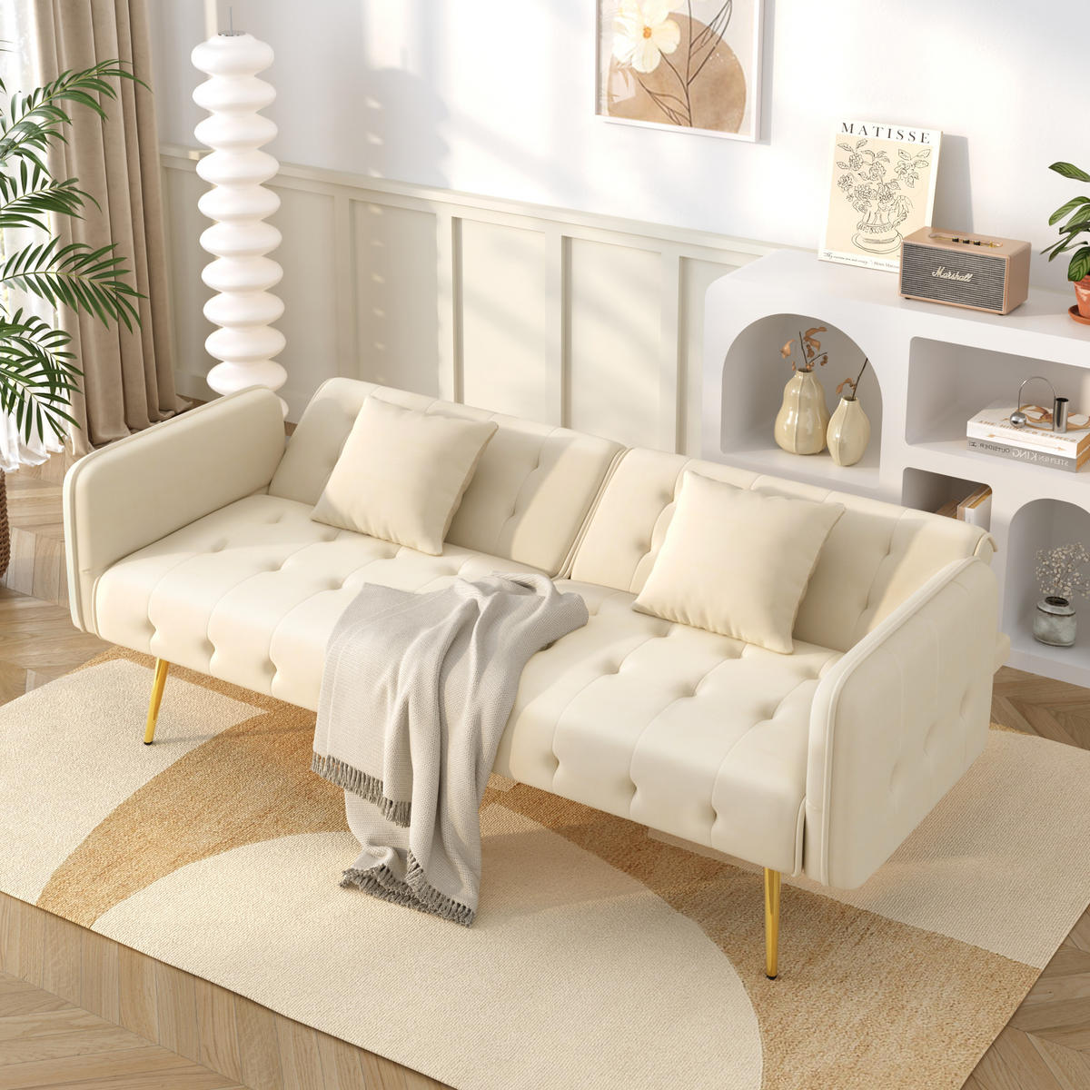 2-SITZER Sofabett Samt mit verstellbarer Rückenlehne und Armlehnen Beige 178/82/70 cm - Beige, Textil (82/70/178cm) - Redom