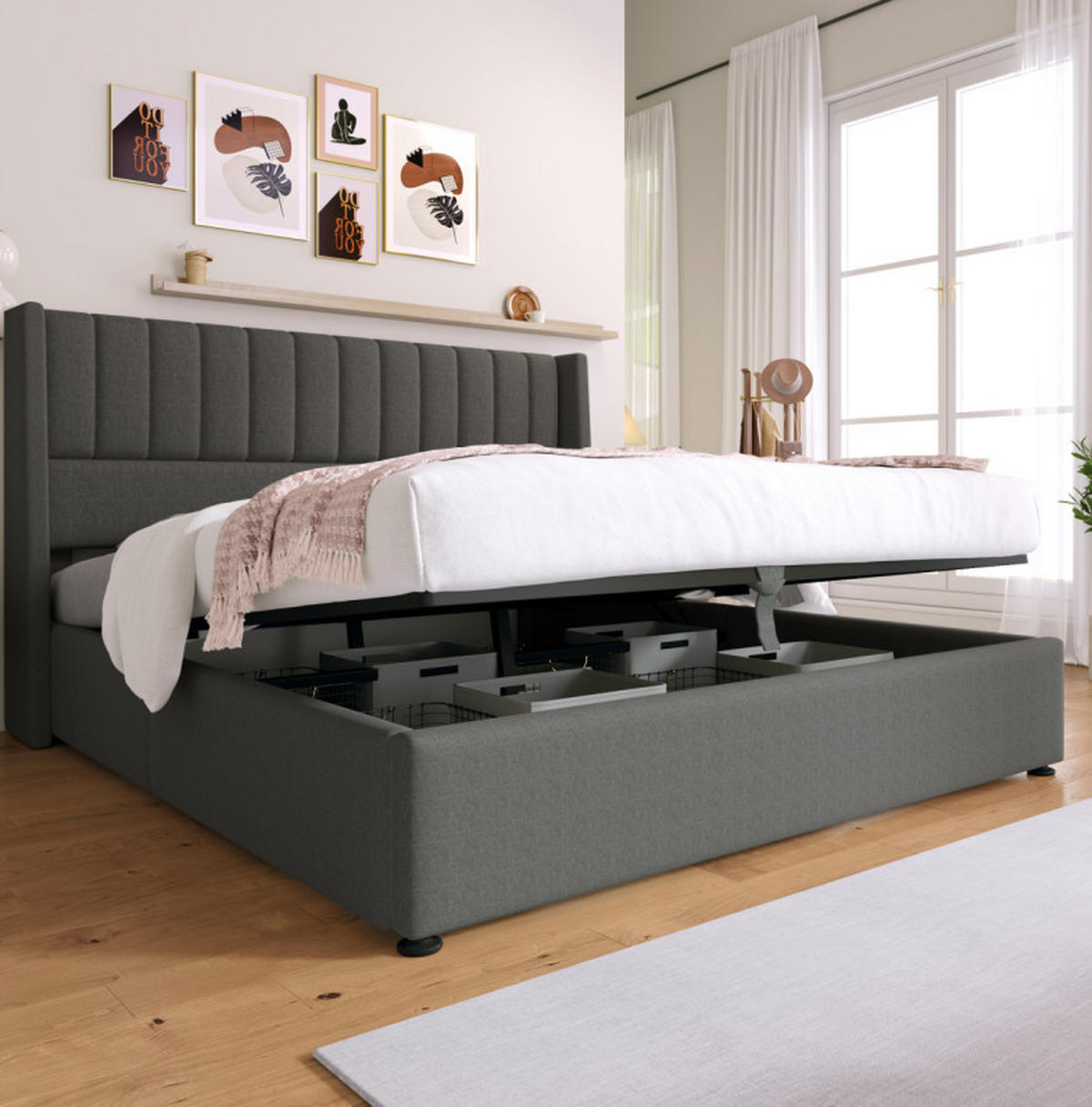 POLSTERBETT 160/200 cm Grau aus Leinen mit Bettkasten - Grau, Textil (160/200cm) - OKMYHOME