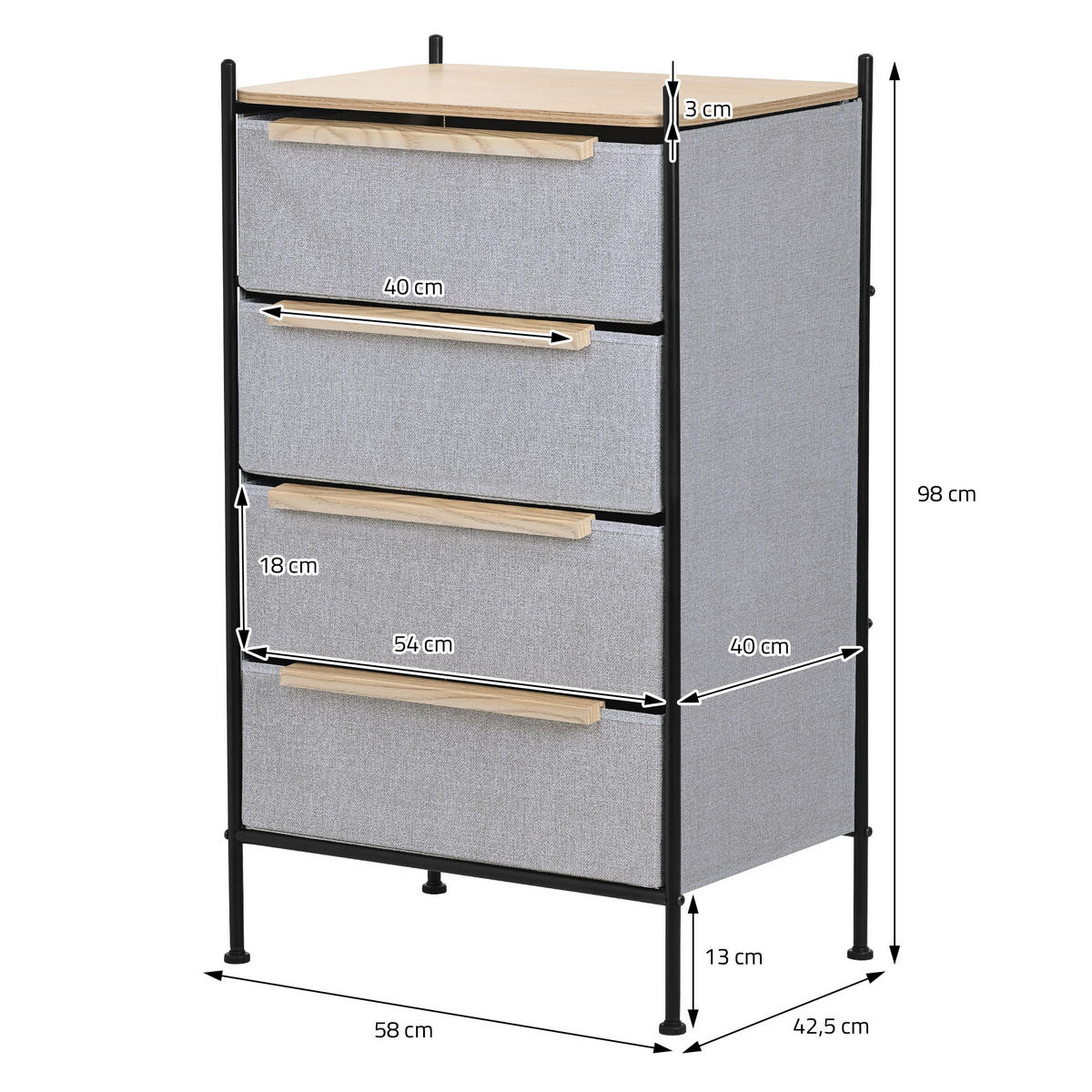 KOMMODE mit 4 Schubladen aus Stoff 58x98x42,5 cm Grau - Dunkelgrau, Holzwerkstoff (58/98/42.5cm) - ML-DESIGN