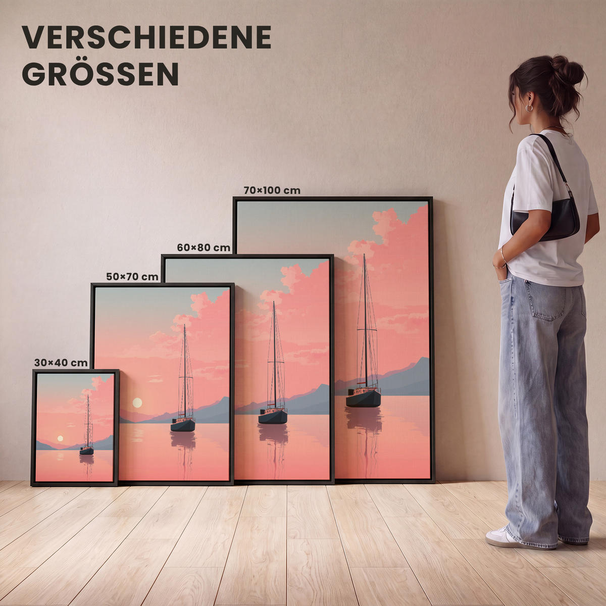 LEINWAND Bilder mit Rahmen - Segelboot - Rosa Meer - Sonnenuntergang - Berge - 70x100 - Rosa, Textil (70/100cm) - MuchoWow
