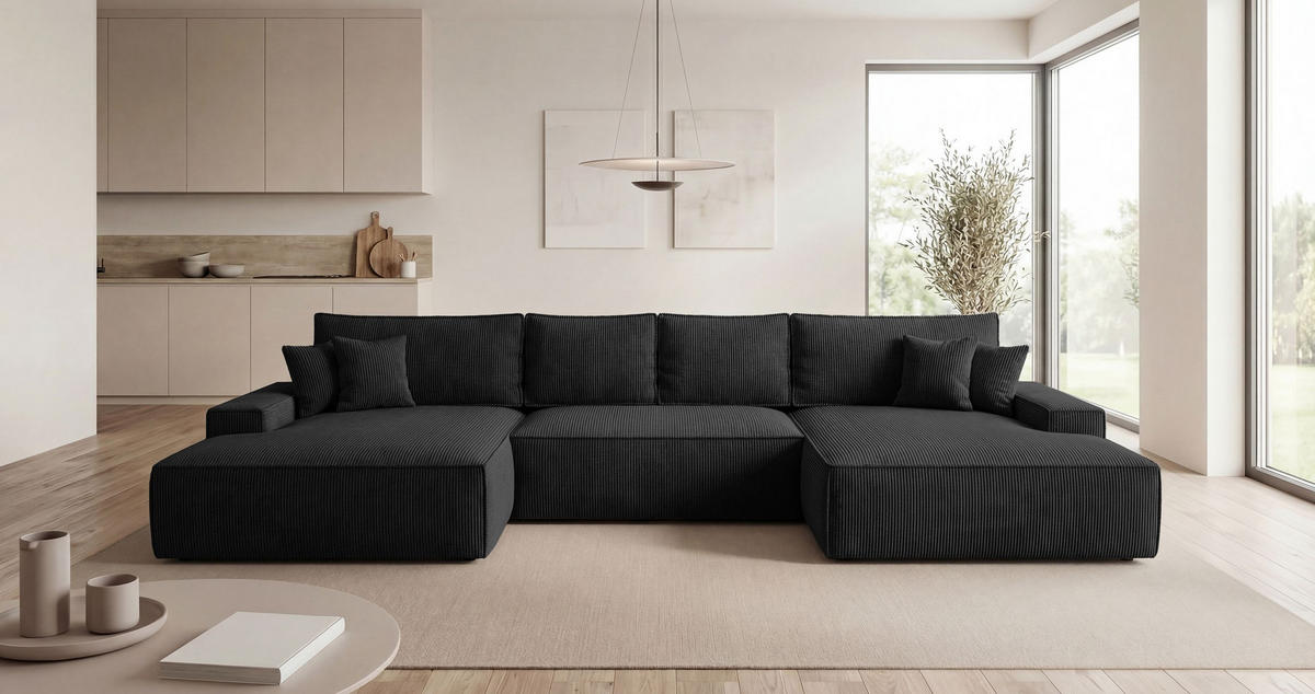 WOHNLANDSCHAFT VERONA U-Form schwarz Cord Poso 135 - Schlaffunktion, Bettkasten - Schwarz, Textil (385/86/185cm) - Cornero