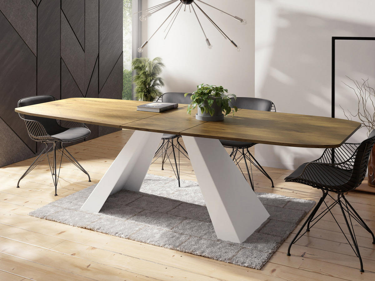 ESSTISCH Monte Weiß rechteckig ausziehbar, Lancelot Eiche 180-220/90/76 cm - Eichefarben/Braun, Holzwerkstoff/Metall (90/218/76cm) - WFL GROUP