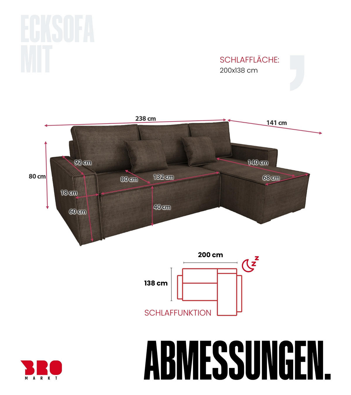ECKSOFA Dexter mit Schlaffunktion Braun Cord - Braun, Textil (238/141cm) - Bromarkt