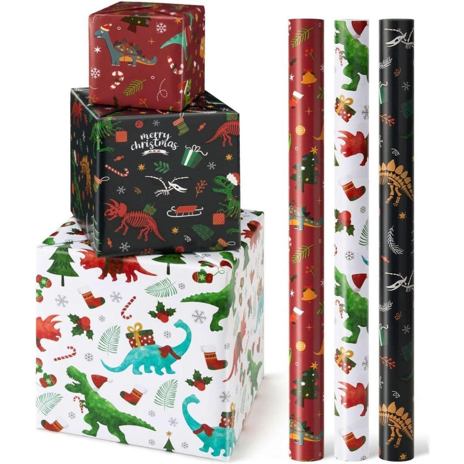 GESCHENKPAPIER 3 Rollen Set Dinosaurier Weihnachten 43 cm x 3 m - Multicolor, Papier (76/3.5/10cm)