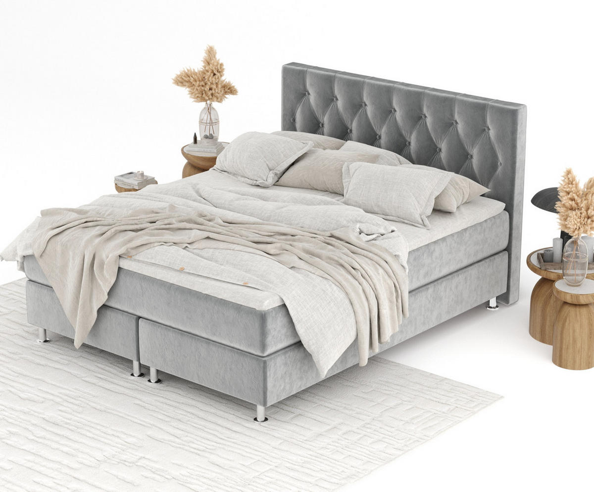 BOXSPRINGBETT Excelsior Grau 180/200 cm mit Latex-Topper - Silberfarben/Grau, Holz/Holzwerkstoff (180/200cm) - Maison de Reve