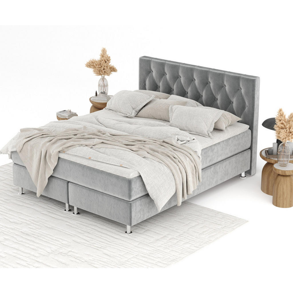 Thumbnail - Maison de Reve Boxspringbett, Grau, Textil, Buche, Kiefer, H3, Höhe ca. 21 cm, 140x200 cm, Oeko-Tex® Standard 100, FSC 1...