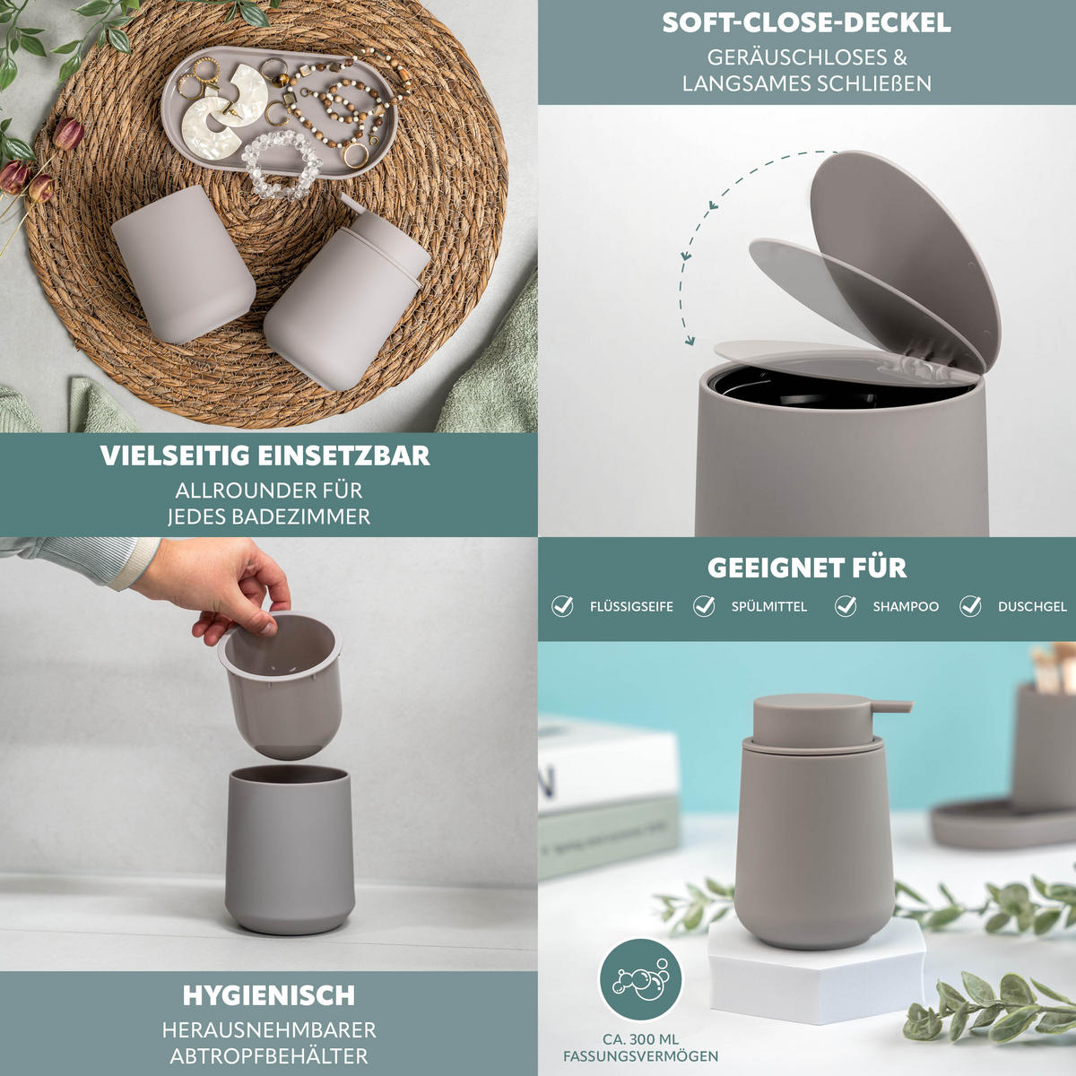 BAD-ACCESSOIRES-SET TESERO, Soft-Touch, taupe - Taupe, Kunststoff (22.5/25.5/25cm) - eluno