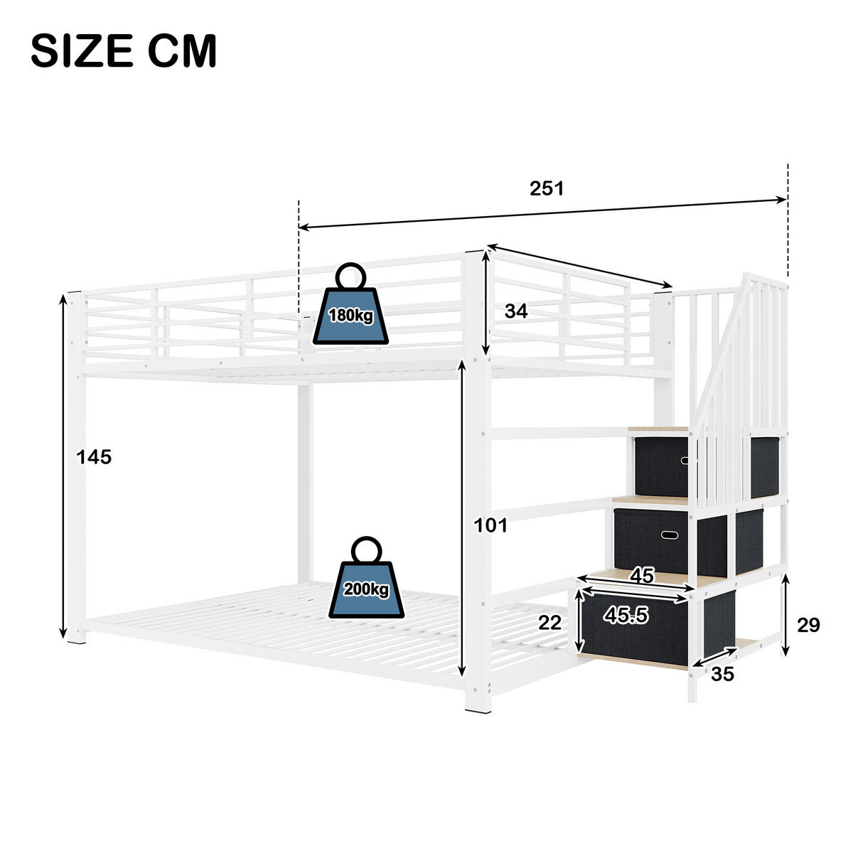 ETAGENBETT 140/200 cm mit Treppe, LED und Steckdose, DE-41957, in Weiß - Weiß, Metall (140/200cm) - ComfortXL