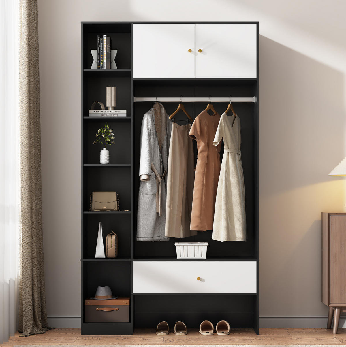 STANDKLEIDERSCHRANK 105/40/185 cm mit 2 Türen, Schublade und offenen Fächern - Weiß, Holzwerkstoff (105/185/40cm) - BEAOK