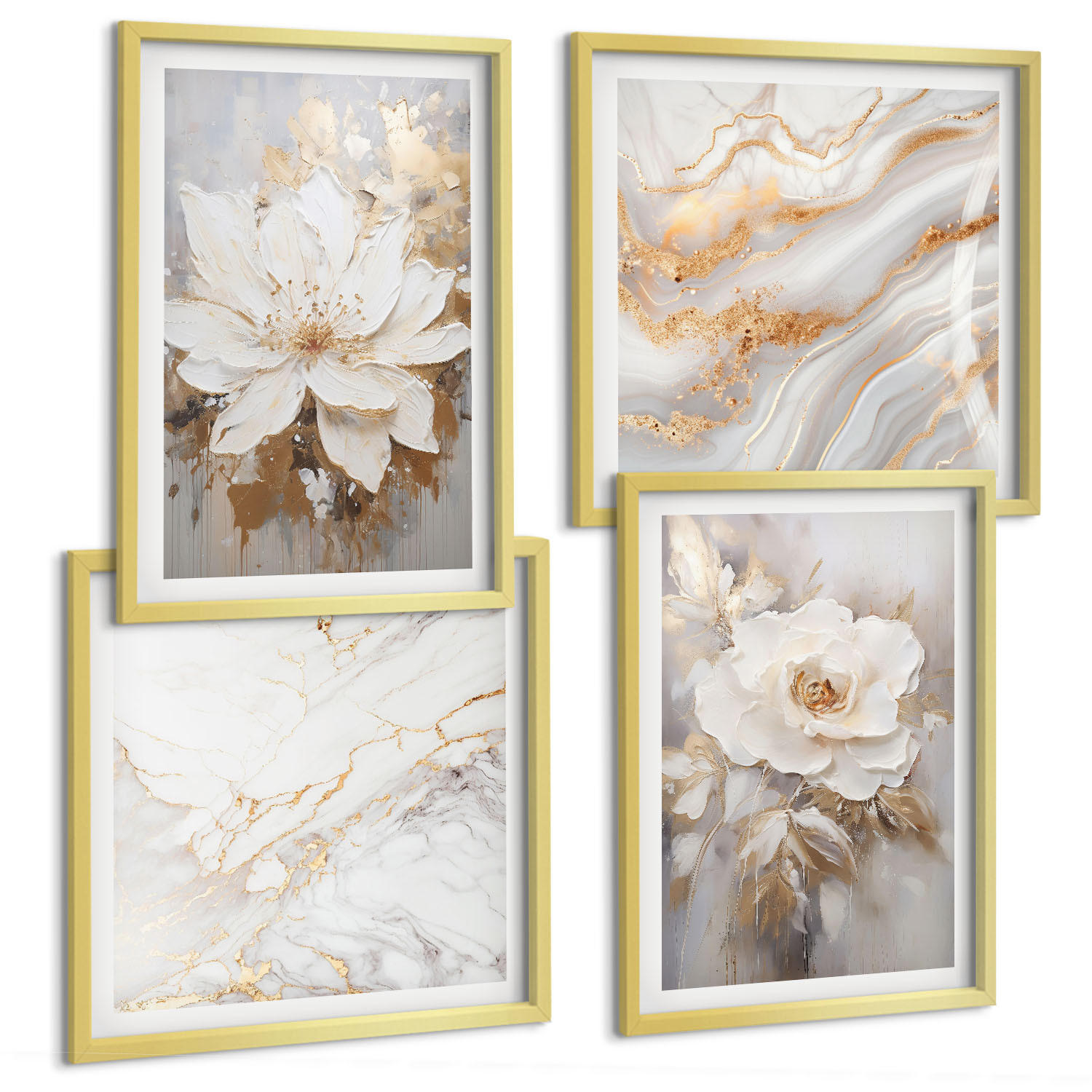 BILDER SET 4er Set - 50x50 cm & 40x60 cm Goldrahmen - Abstrakte Blumen aus Marmor - Goldfarben, Kunststoff (50/50cm) - TULUP