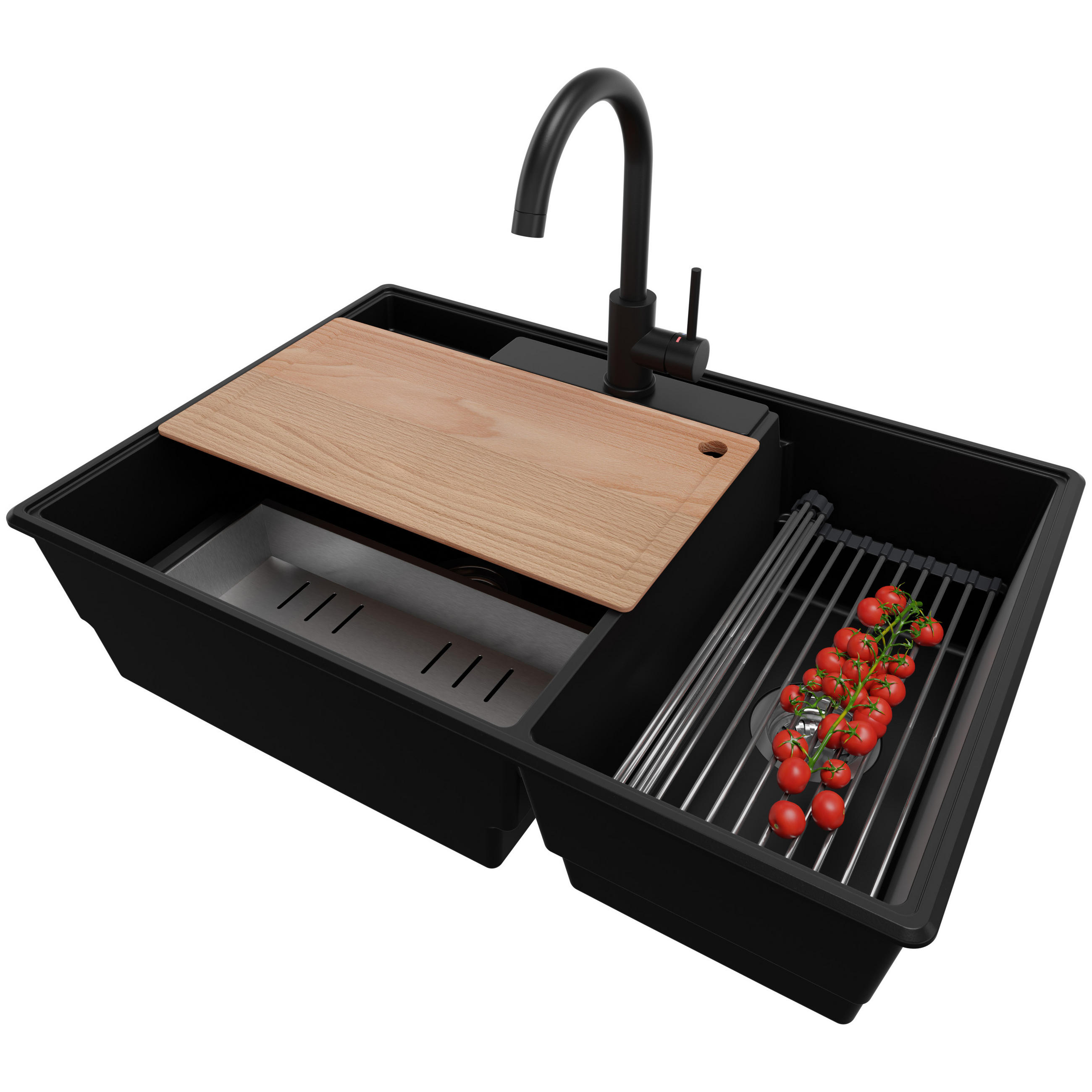 GRANITSPÜLE Paris, 2-er set Schwarz 78/53 cm 2 Becken + Küchenarmatur 32/20 cm + Ablauf-Set + Küchenzubehörset ab 80er Unterschrank - Chromfarben/Edelstahlfarben, Kunststoff (78/20/53cm) - Primagran