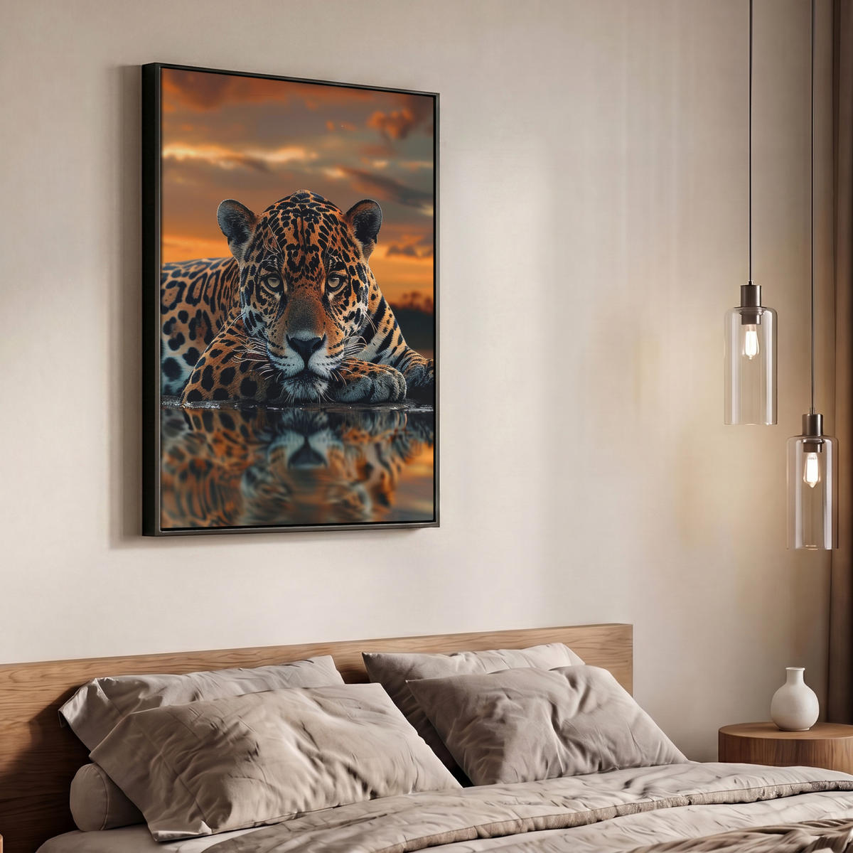 LEINWAND Bilder mit Rahmen - Natur - Leopard - Tier - Sonnenuntergang - Modern - 70x100 - Orange, Textil (70/100cm) - MuchoWow