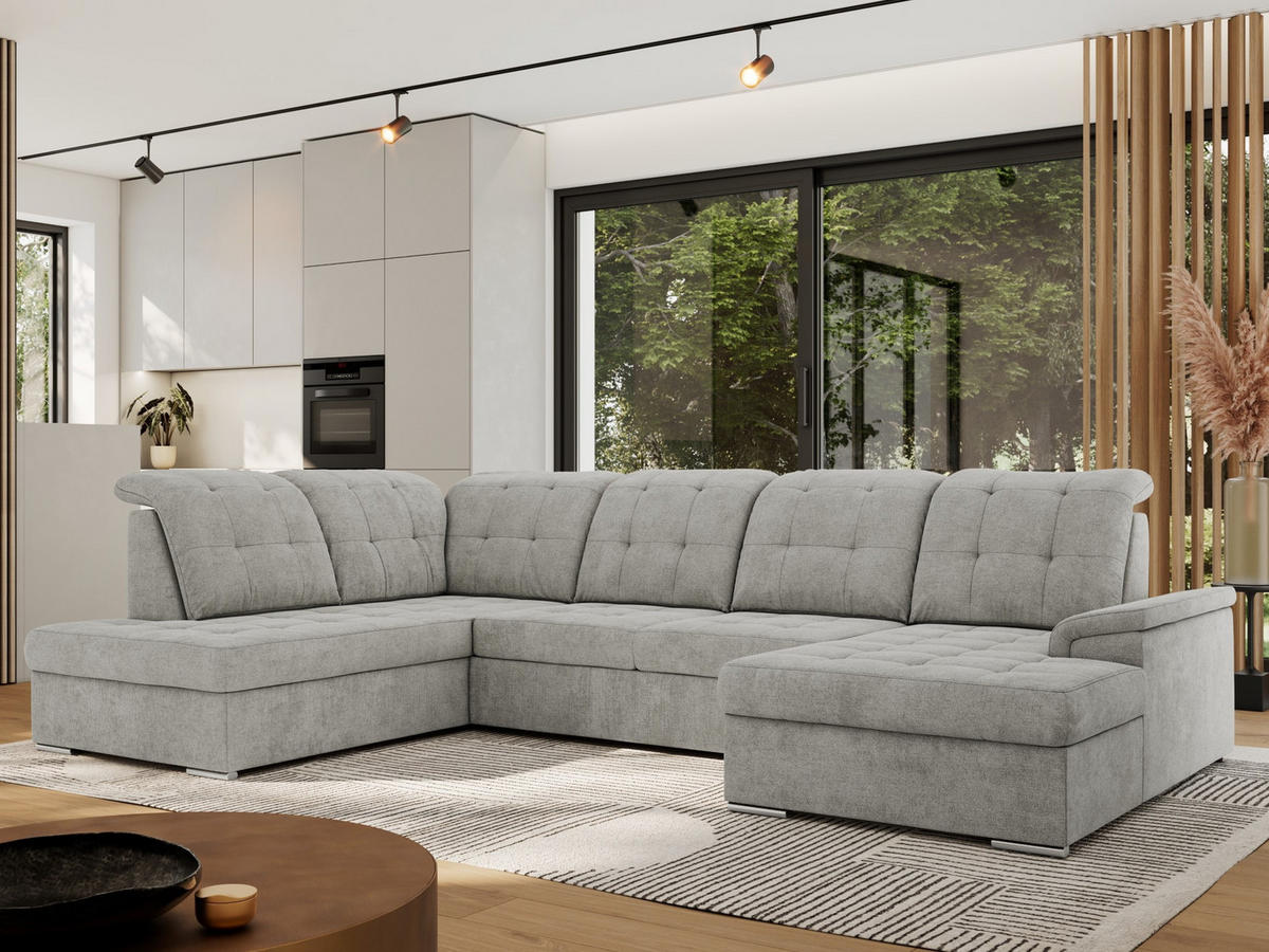 WOHNLANDSCHAFT MADRITO U - Hellgrau Struktur - Links - Silberfarben/Hellgrau, Textil/Metall (204/89/323cm) - MKS