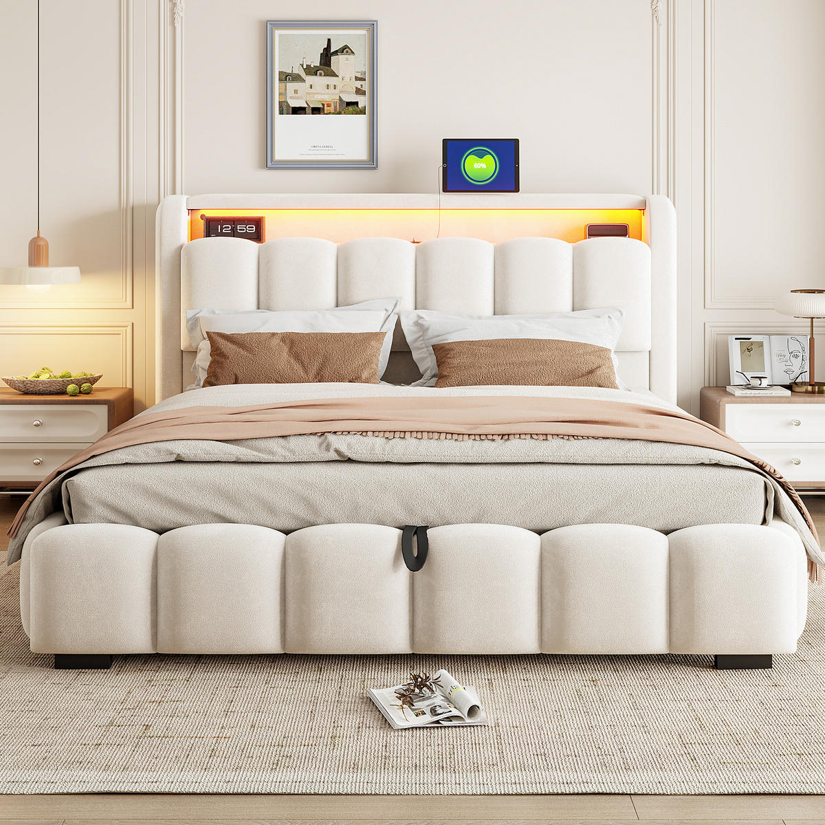 BOXBETT 180/200 mit LED/USB-C, Samt, Beige - Beige, Holz (180/200cm) - LVHOM