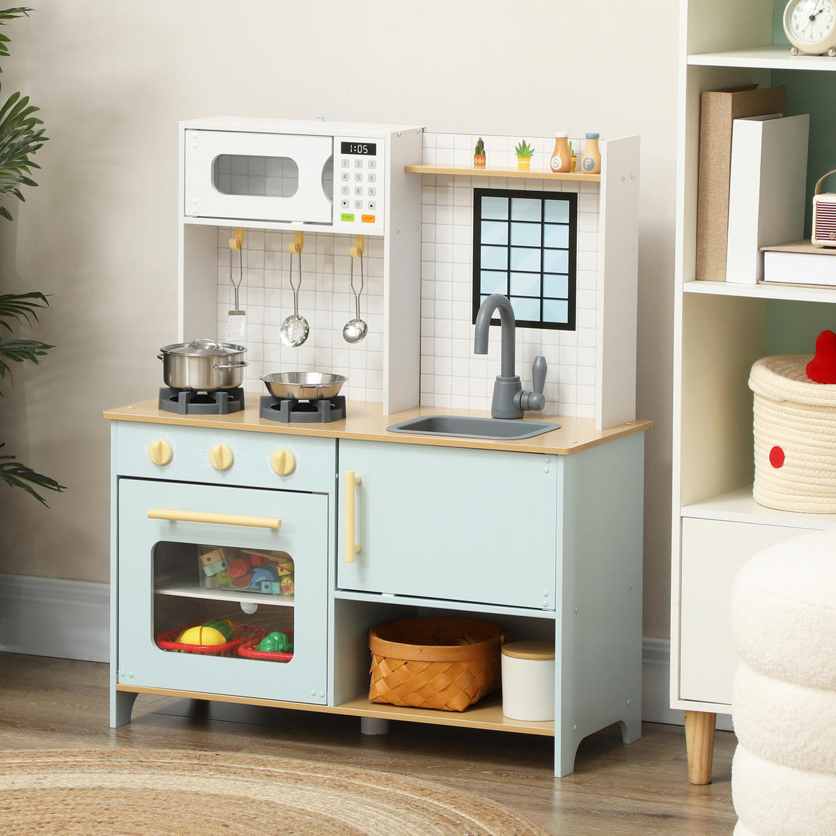 KINDERKÜCHE Spielküche mit Mikrowelle, Herd und Backofen, Küchenzubehör - Blau, Holzwerkstoff (72/33/85.2cm) - AIYAPLAY