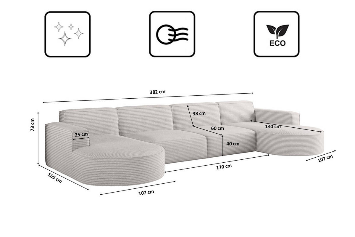 ECKSOFA U-Form XL Designer MODENA stoff Dicker Cord Poso Ecru - Ecru, Holz (165/382cm) - Kaiser Möbel