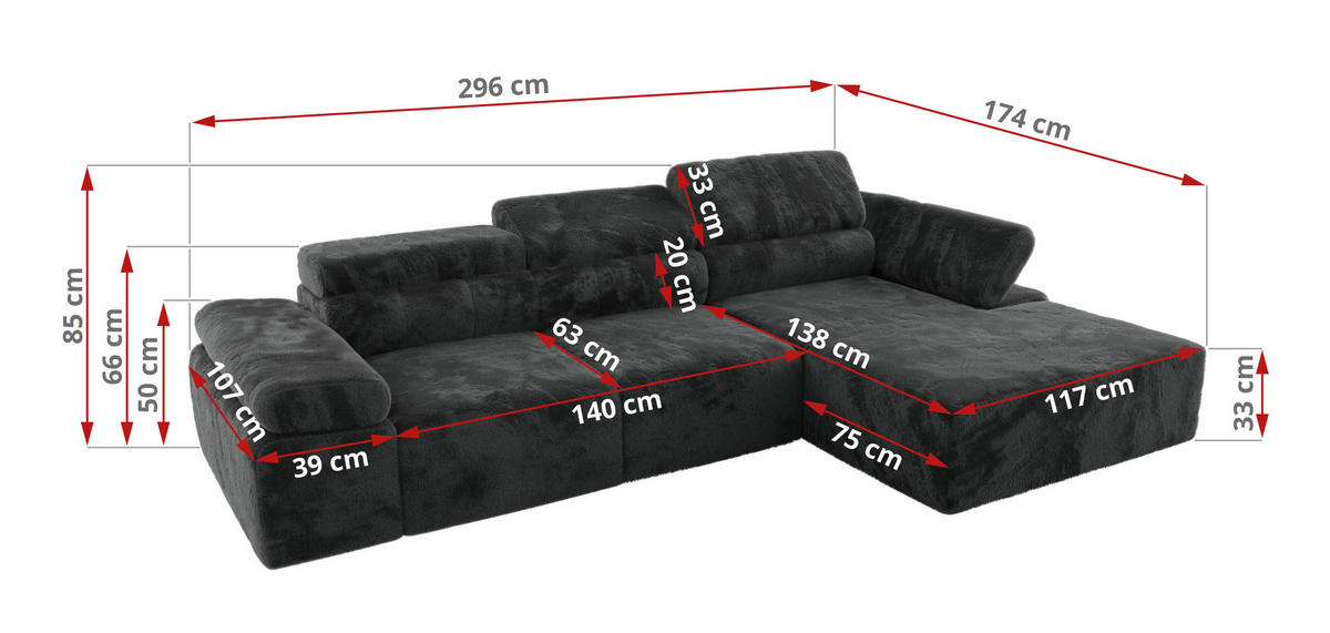 ECKSOFA RILASSO L Dunkelgrau Plüsch - rechts - Dunkelgrau/Schwarz, Kunststoff/Textil (174/296cm) - MKS