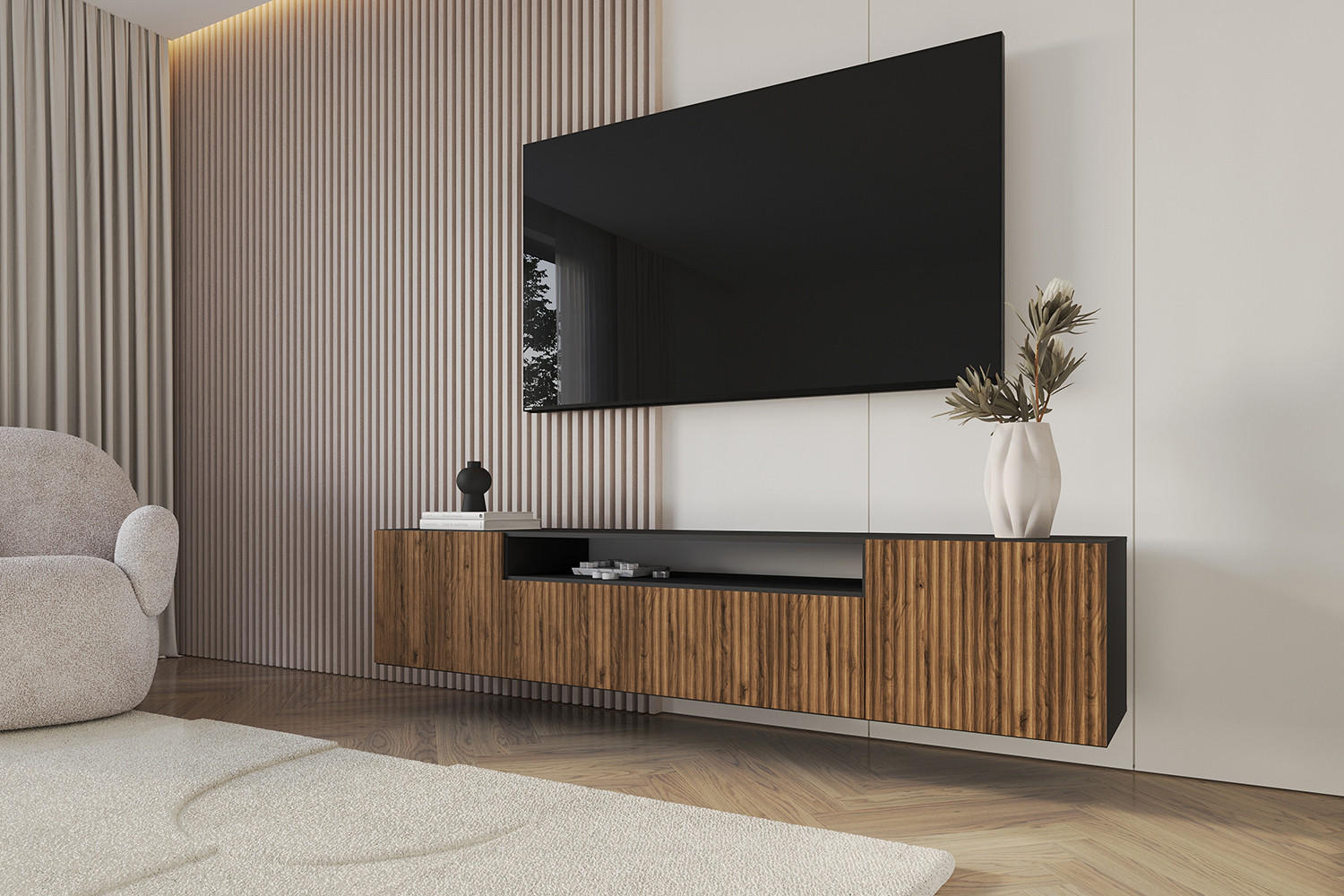 LOWBOARD NOA-2-W 200x40x41 cm - Schwarz / Katania - Eiche Wotan, Holzwerkstoff (200/40/41cm) - ALTDECOR