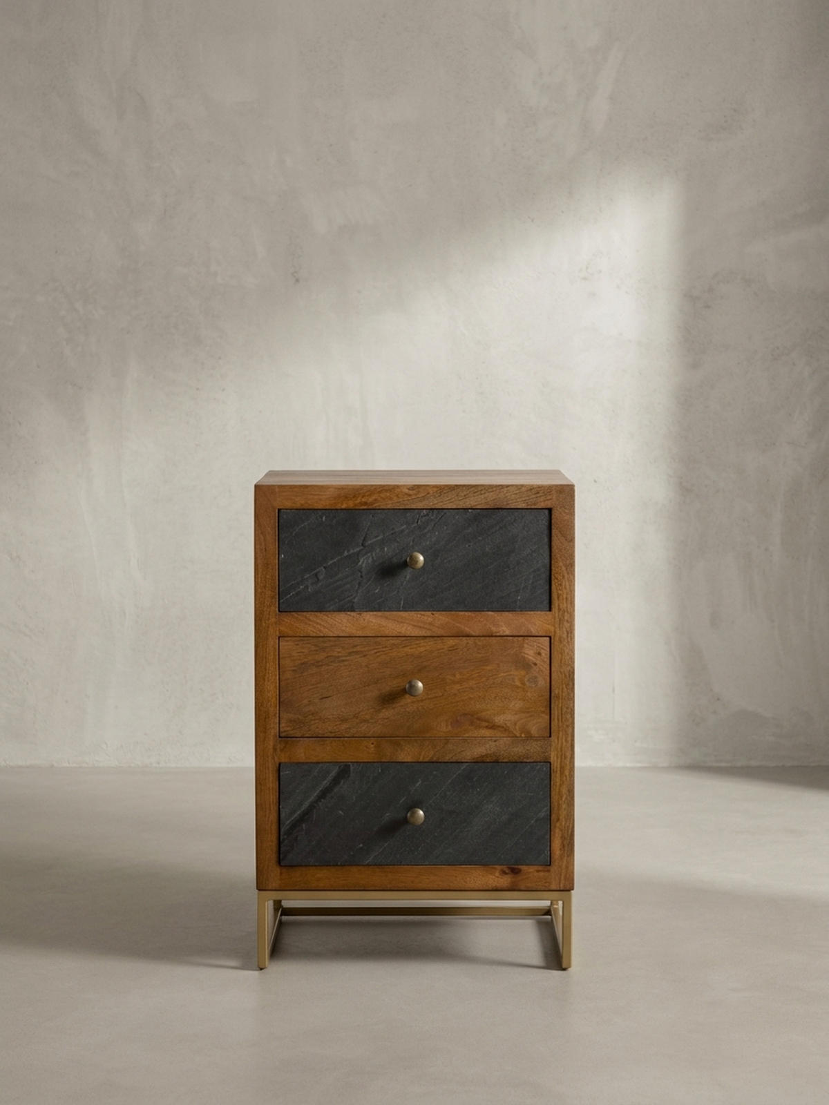 NACHTTISCH Massivholz Steinoptik 3 Schubladen Metallgestell, Braun 40x30x60 cm - Goldfarben/Braun, Holz/Metall (40/60/30cm) - KADIMA DESIGN