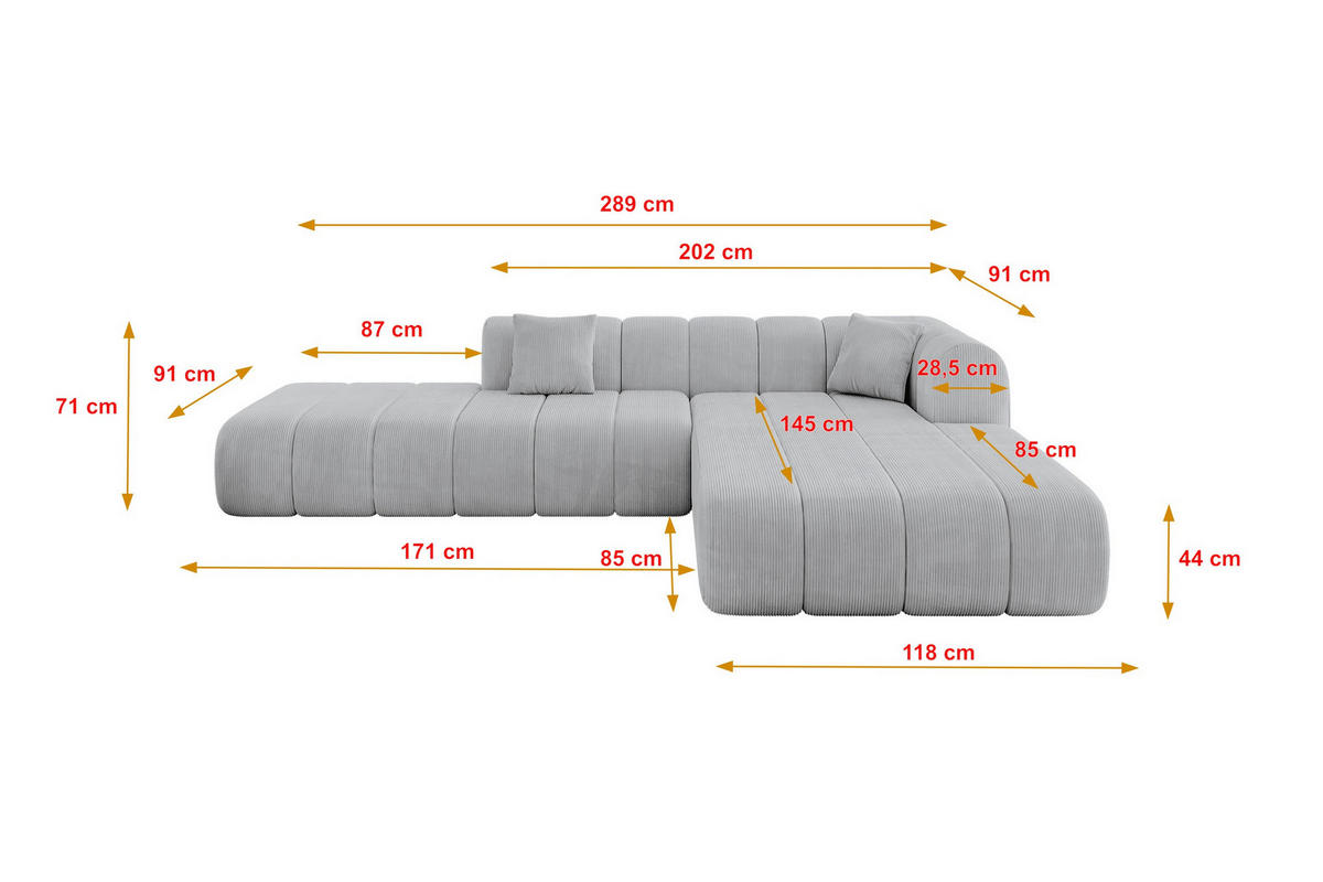 ECKSOFA Ottomane Rechts BILA-L 289x176x71 Grau Cord - Schwarz/Alufarben, Holzwerkstoff/Kunststoff (289/176cm) - ALTDECOR
