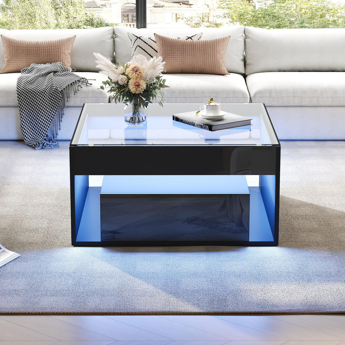 COUCHTISCH in Schwarz Kaffeetisch mit 2 Schubladen, LED & gehärtetem Glas, Hochglanz, für Wohnzimmer, B70/T70/H35cm - Schwarz, Glas/Holzwerkstoff (70/70/35cm) - STILVORA