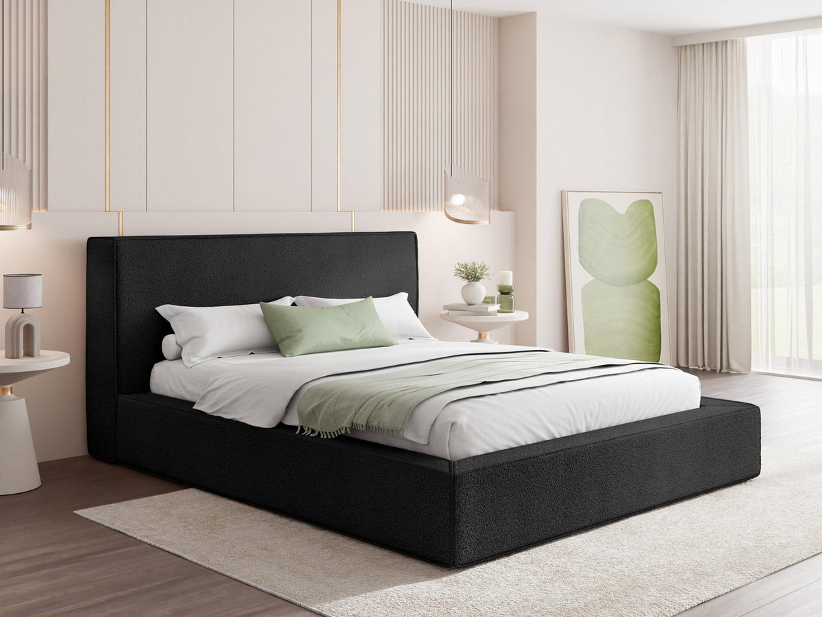 POLSTERBETT Merlin mit Bettkasten, Metall-Lattenrost & hohem Kopfteil in Schwarz Boucle 120x200 cm - Birkefarben/Schwarz, Kunststoff/Textil (120/200cm) - WFL GROUP