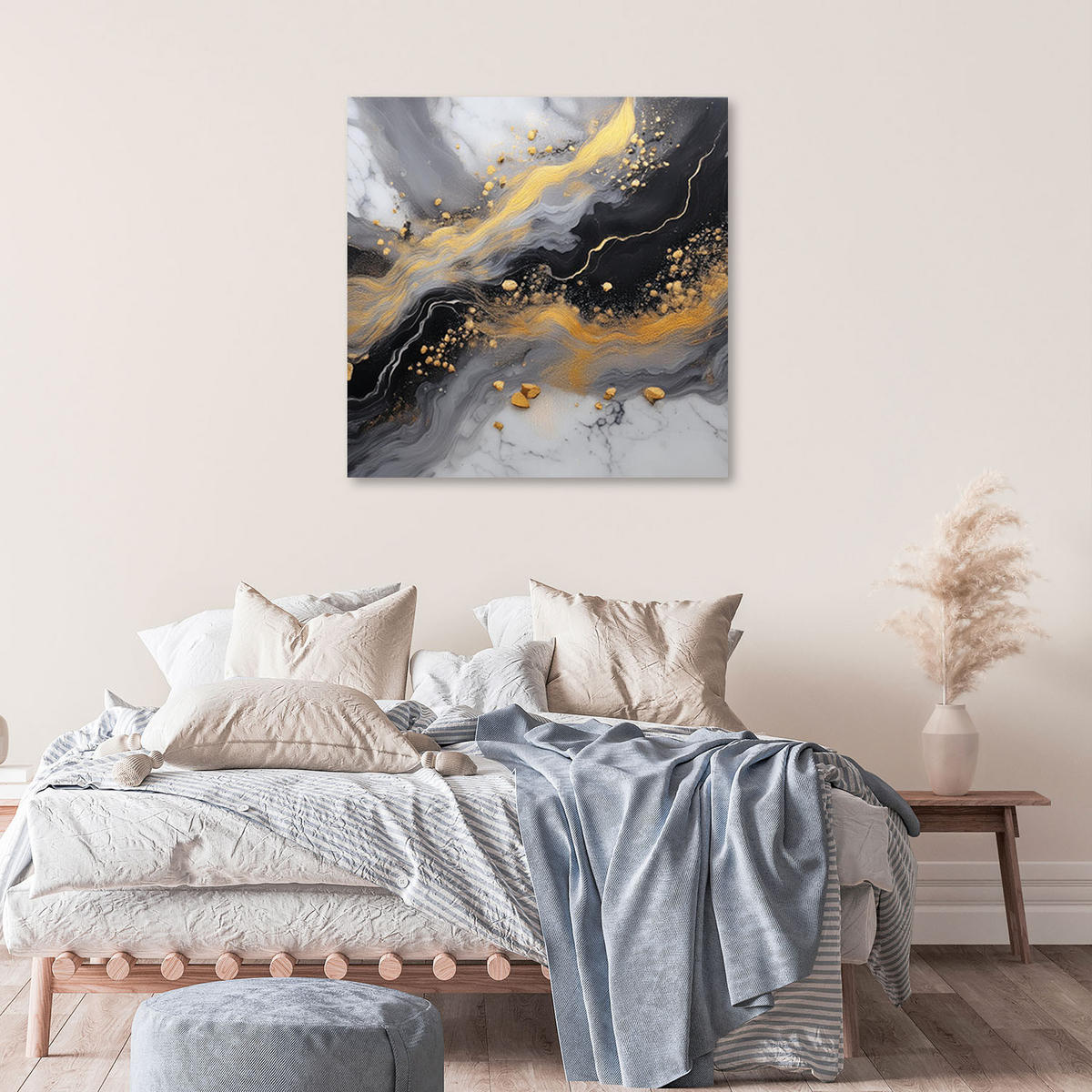 LEINWANDBILD Abstrakter Marmor Gold Schwarz 60x60cm - Schwarz, Textil (60/60cm) - Feeby