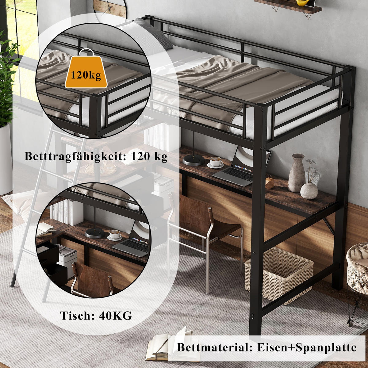 ETAGENBETT 90/200 cm in Schwarz & Dunkler Walnuss mit 3 Schubladen, Tisch und Regal - Schwarz, Holzwerkstoff/Metall (90/200cm) - CHICFURN