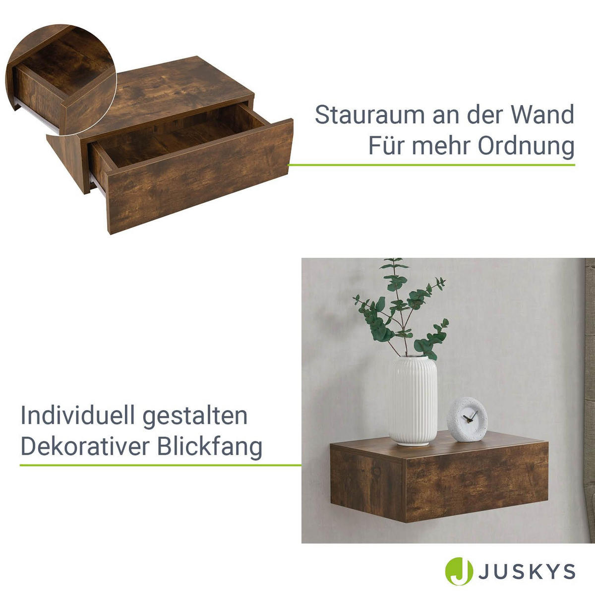 WANDREGAL mit Schublade holzoptik (2er-Set) - Braun, Holz (46/15/30cm) - Juskys