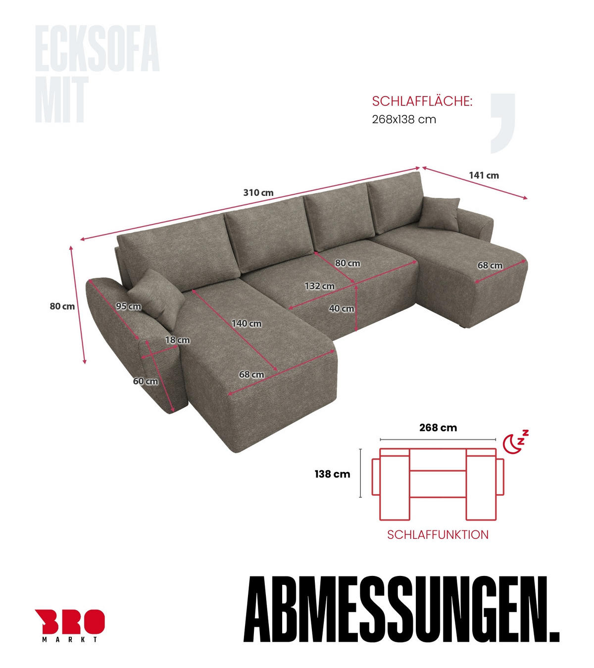 WOHLANDSCHAFT Rotterdam U mit Schlaffunktion Braun Bouclé - Sandfarben, Textil (310/80/141cm) - Bromarkt