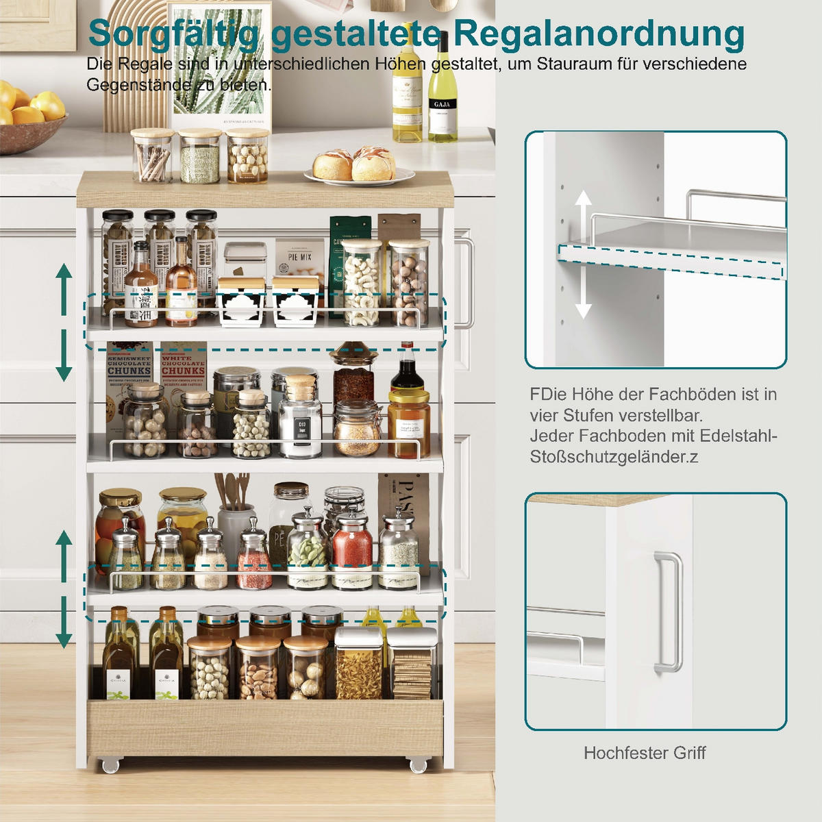 KÜCHENSCHRANK16 CM SCHMAL Küchenwagen auf Rollen, 55/16/85 cm, MDF, Weiß mit Holzoptik, MIT 4 VERSTELLBAREN REGALBÖDEN, für Küche und Bad - Weiß, Holzwerkstoff (16/85/55cm) - Rolipo