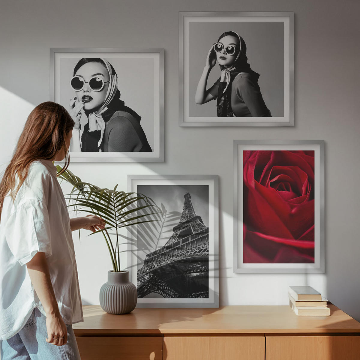 BILDER SET 4er Set - 50x50 cm & 40x60 cm Silberner Rahmen - Pariserin mit Eiffelturmbrille - Silberfarben, Kunststoff (50/50cm) - TULUP