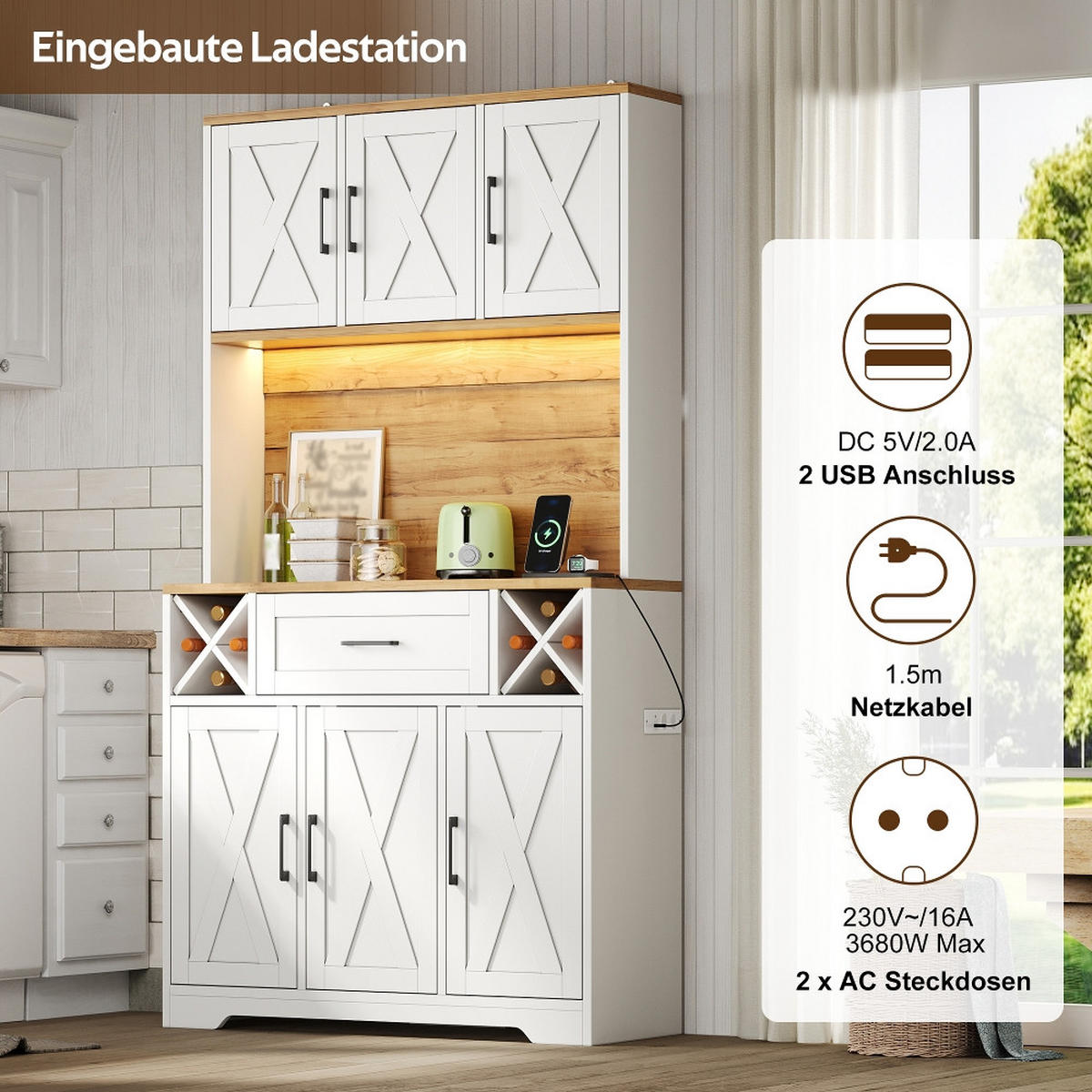 KÜCHENSCHRANK MIT RGB-LED-BELEUCHTUNG UND STECKDOSE Aus MDF Im Scheunentor-Design Für Esszimmer, 105/180/40 cm - Naturfarben, Kunststoff (40/180/105cm) - Rolipo