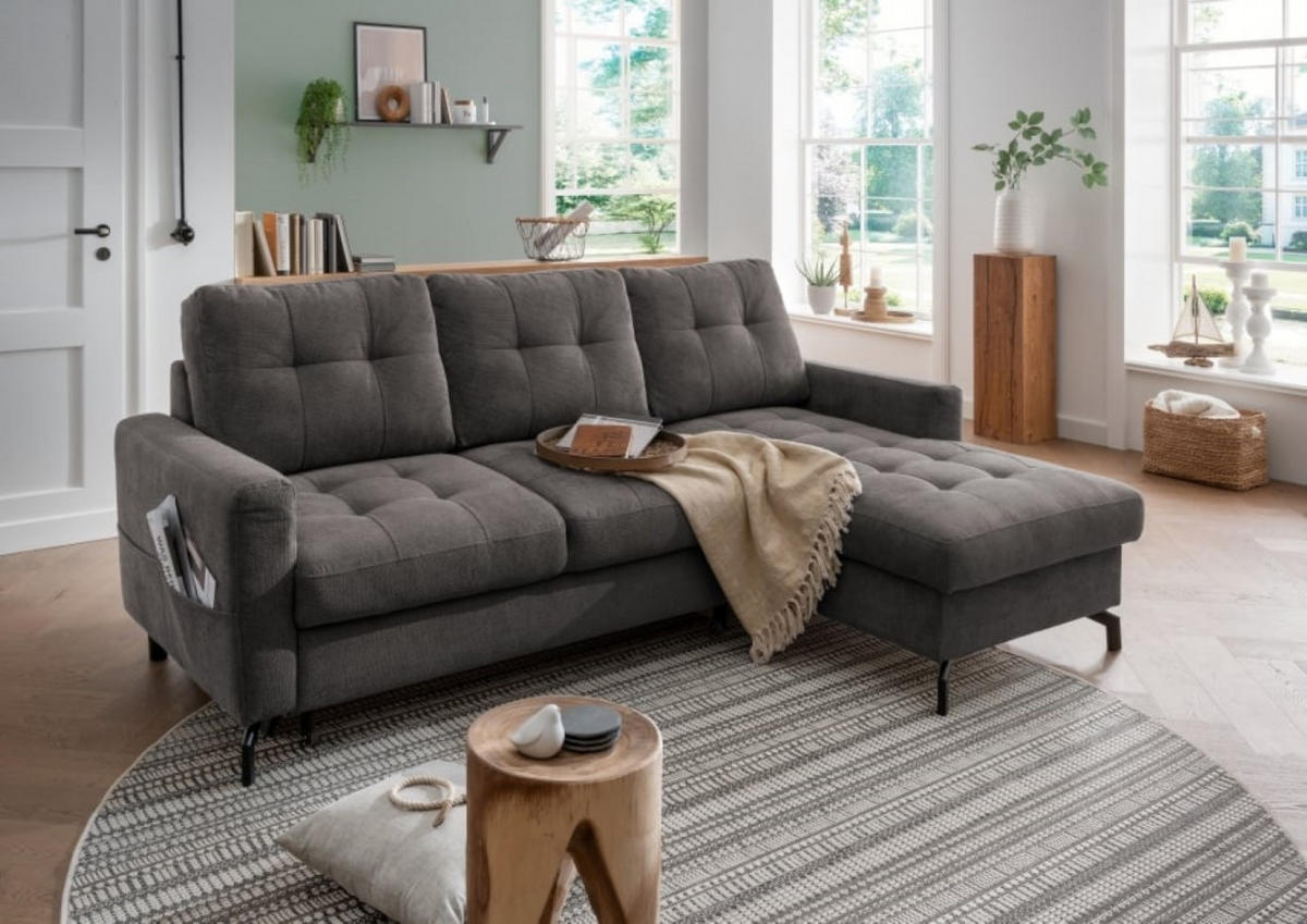 ECKSOFA mit Schlaffunktion und Bettkasten, Luxus-Mikrofaser - Anthrazit/Schwarz, Textil/Metall (150/230cm) - myHomelando