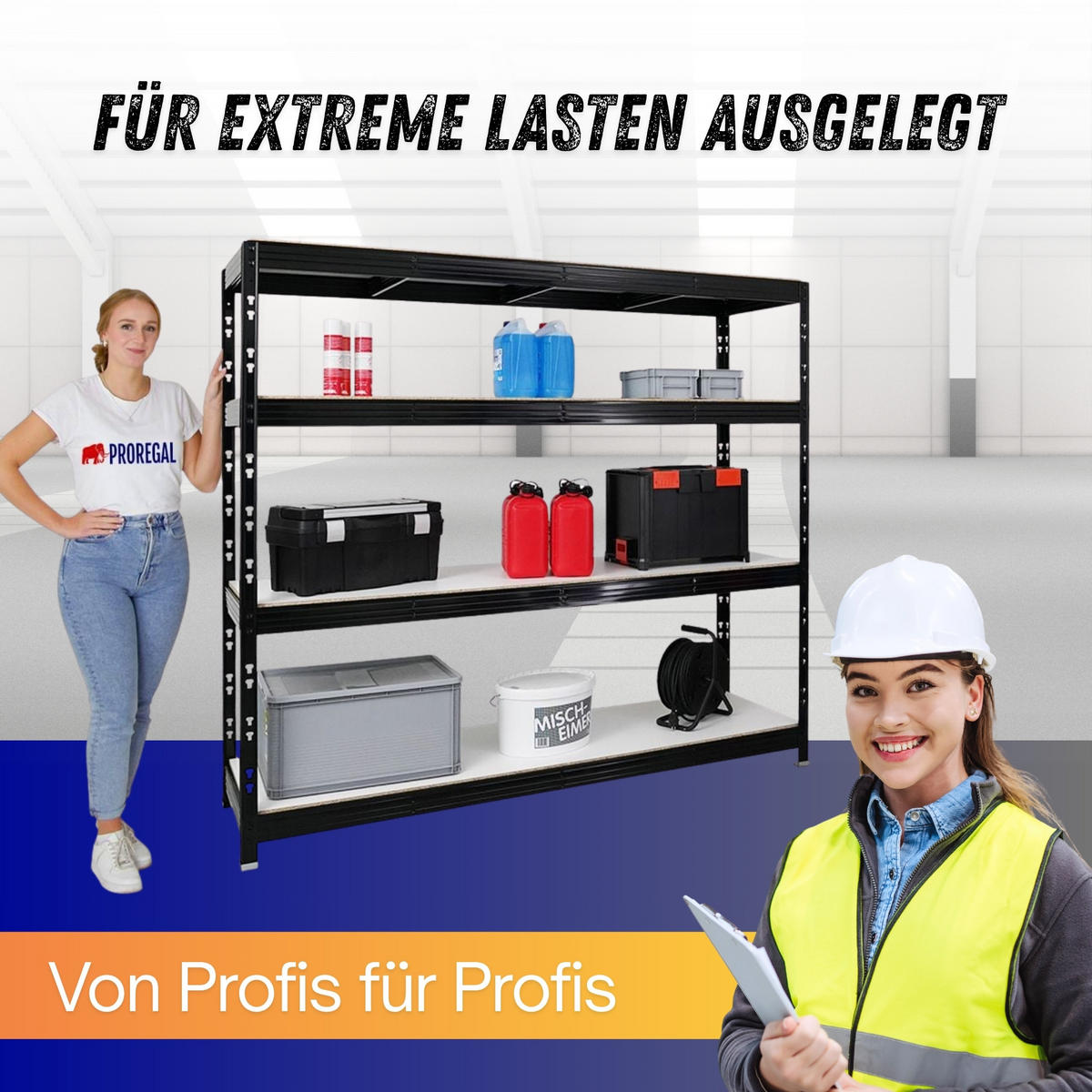 SCHWERLASTREGAL Rhino 180x200x60 cm 4 Melamin-Ebenen 16mm Fachlast 500 kg Schwarz - Schwarz/Weiß, Metall (200/180/60cm) - PROREGAL