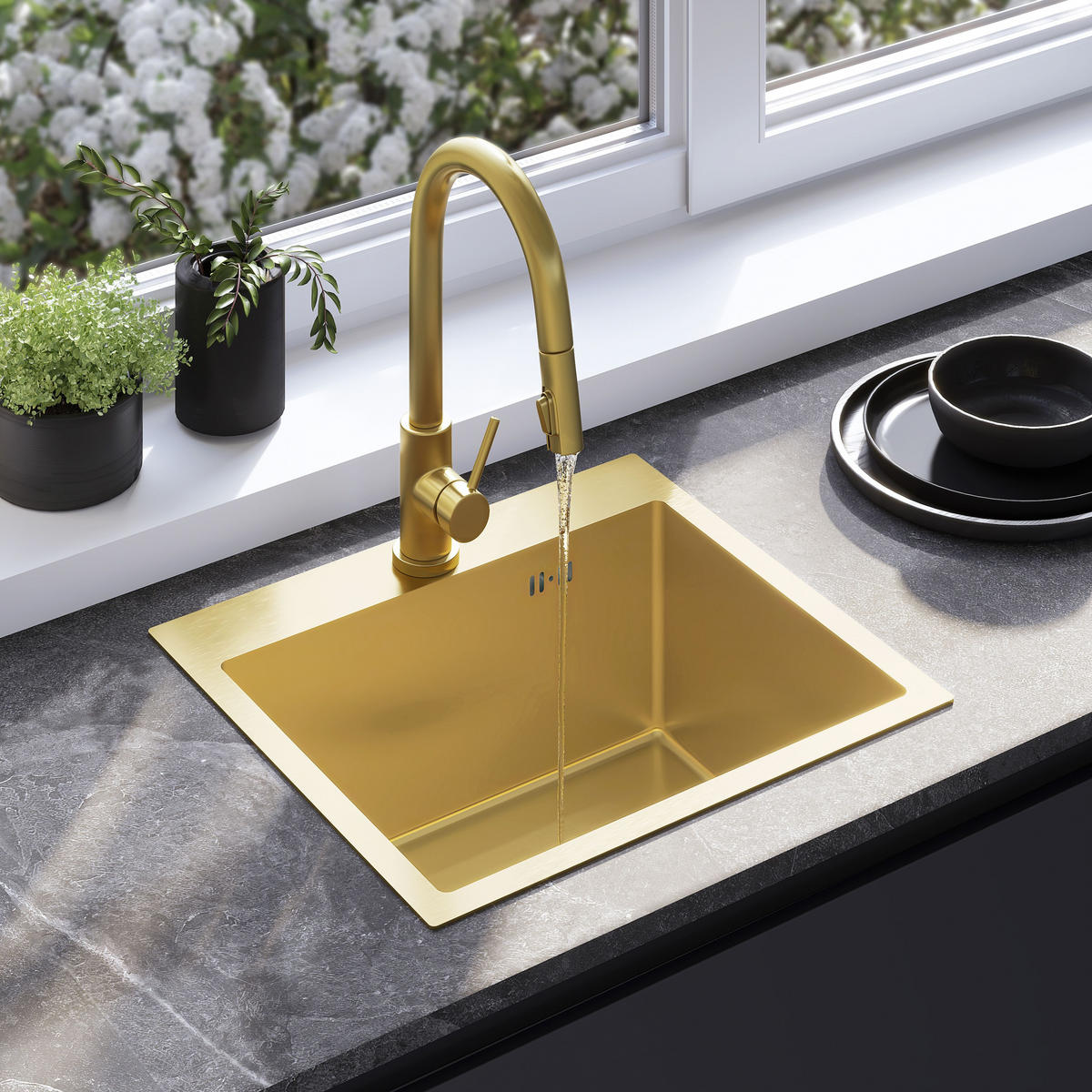 STAHLSPÜLE Mit 3-teiligem Zubehörset Rea Leo 50 Brush Gold Beige Accessoires - Goldfarben, Metall (45/18.5/50cm) - REA