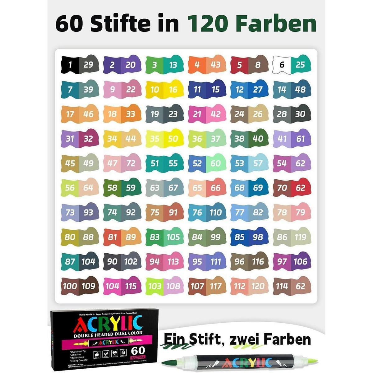 ACRYLSTIFTE Set 60 Stück mit App Doppelspitze 120 Farben - Multicolor, Kunststoff (1/1/14cm)
