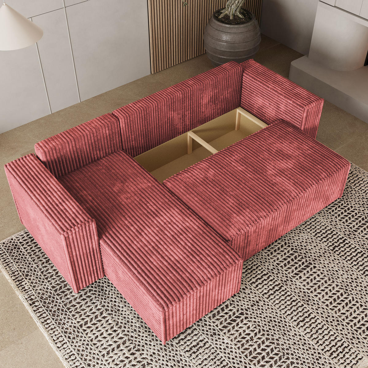 ECKSOFA RAVELO T Rosa Kordstoff mit Schlaffunktion - Rosa, Holz (240/140cm) - MASSENO